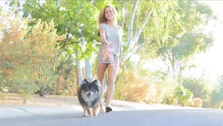 Sexy Kennedy loves walking her dog out naked