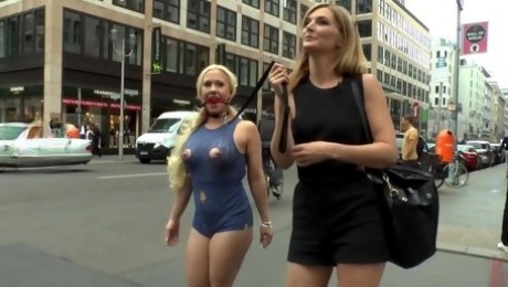 Big tittied blonde with pierced nipples Celina Davis is disgraced in public