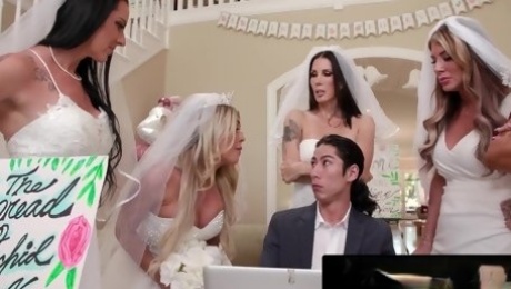 Busty brides share a wedding planner's dick in hot group sex.