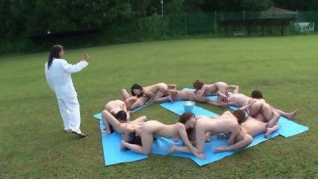 The horny mentor arranges crazy Japanese orgy in the park