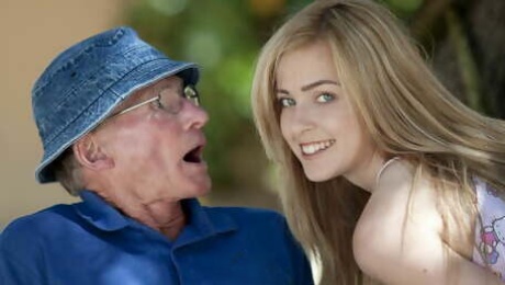 Beautiful teen sucks grandpa outdoors and she swallows it all