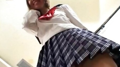 Ai Kazumi in school uniform sucks cock and gets banana in pussy