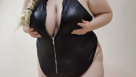 BBW with big boobs strips for you and makes herself cum with a huge dildo